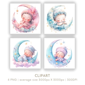 Schlafendes Baby im Mond Aquarell Clipart PNG Set 4, Kinderzimmer Clipart für kommerzielle Nutzung, neues Baby Papier Handwerk Digitaler Sofortdownload