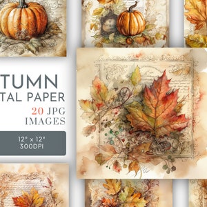 Herfst vintage achtergronden digitaal, herfst vierkant papier, pompoenen dagboekpagina's Thanksgiving plakboek kaarten geschenken, commercieel gebruik, JPG