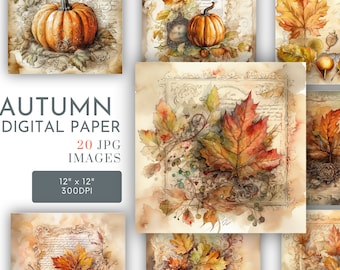 Autumn Vintage Backgrounds Digital, Fall Square Papers, Pumpkins Journal Pages Thanksgiving Scrapbook Cards Gifts, Commercial Use, JPG