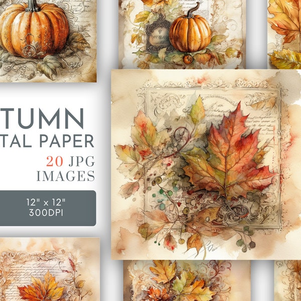 Autumn Vintage Backgrounds Digital, Fall Square Papers, Pumpkins Journal Pages Thanksgiving Scrapbook Cards Gifts, Commercial Use, JPG