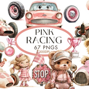 Pink Racing Clipart, Racing Car Clipart, Sports Car, Pink Car, Tyres, Trophy Watercolour Clipart Bundle Instant Download