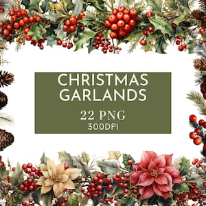 Christmas Garland Watercolor Clipart PNG Bundle Christmas Garland Borders Frames Wreaths for Commercial Use Digital Instant Download