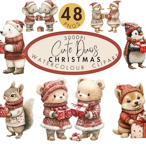 Weihnachten Aquarell Clipart - süsse Tier Duos mit Geschenken | 48 PNGs, 300 DPI | Perfekt für Weihnachtskarten, Kunsthandwerk und digitale Designs