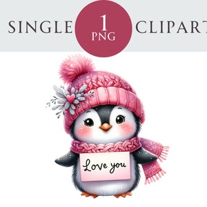Valentine Penguin Clipart, Love You Animal PNG Illustration, Ideal para cartões de felicitações, artesanato, berçário, convites, projetos de papel