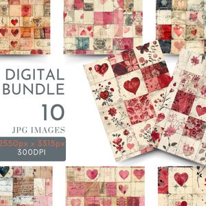 Valentines Patchwork Scrapbook Paper, Vintage Digital Pages, Heart Junk Journal Printable Ephemera, Scrapbooking Supplies
