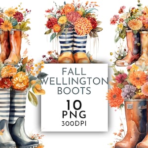 Botas Welly con flores de otoño Acuarela Clipart PNG, Botas Wellington de otoño, Uso comercial de Junk Journaling Descarga instantánea