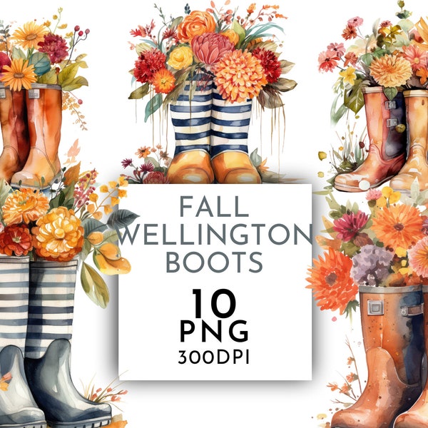 Welly Boots with Fall Flowers Watercolor Clipart PNG, Autumn Wellington Boots , Junk Journaling  Commercial Use Instant Download