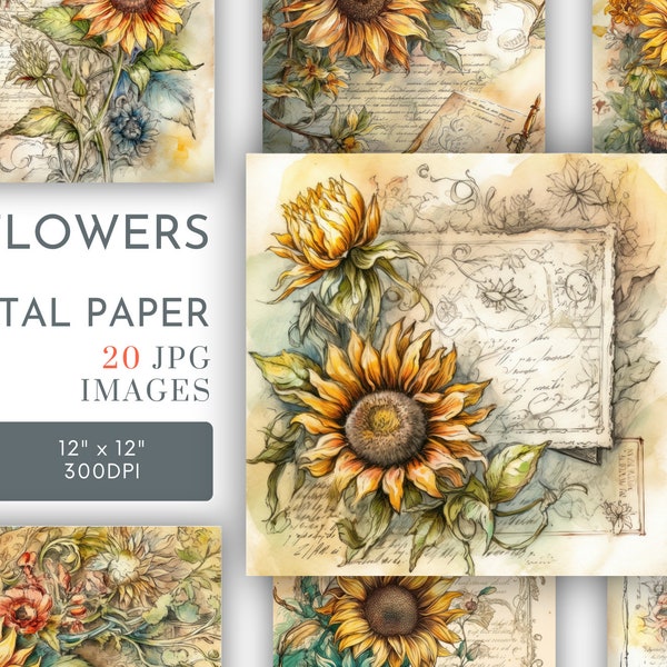 Sunflower Vintage Backgrounds Digital, Sunflower Square Papers, Floral Journal Pages Summer Scrapbook Cards Gifts Commercial Use JPG