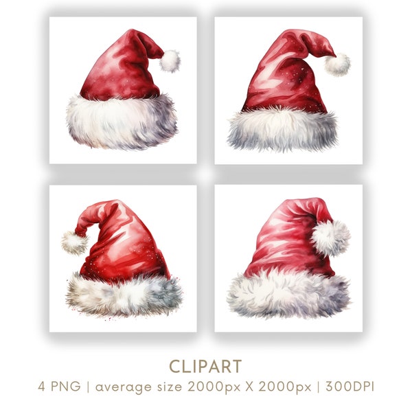 Santa Hat Clipart Watercolor Clipart PNG Set 4 Red Hat White Trim Father Christmas Hat Commercial Use Paper Crafts Digital Instant Download