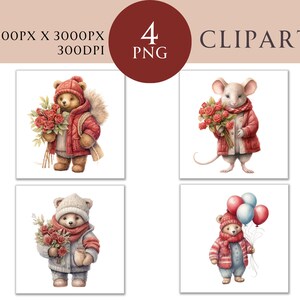Mignon Saint-Valentin Clipart aquarelle PNG 4 Illustration animale romantique usage commercial ours en peluche souris artisanat en papier Téléchargement instantané numérique