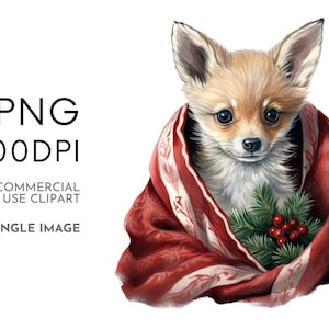 Clipart renard de Noël PNG, animal d'hiver emballé dans une couverture, Art des bois de vacances, 300 DPI, Image unique pour cartes et sublimation