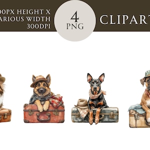 Encantadoras y extravagantes ilustraciones de perros en maletas antiguas para manualidades, arte digital, álbumes de recortes y pegatinas con temática de viajes