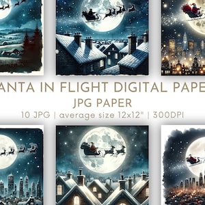 Papai Noel voando em seu trenóPapel digital, fundos de Natal, papéis quadrados, páginas de diário, cartões de scrapbook festivos, presentes, uso comercial JPG