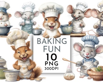 Baking Fun Watercolor Clipart PNG, Squirrel Mouse Hamster Cooking Clipart , Junk Journaling  Commercial Use Instant Download