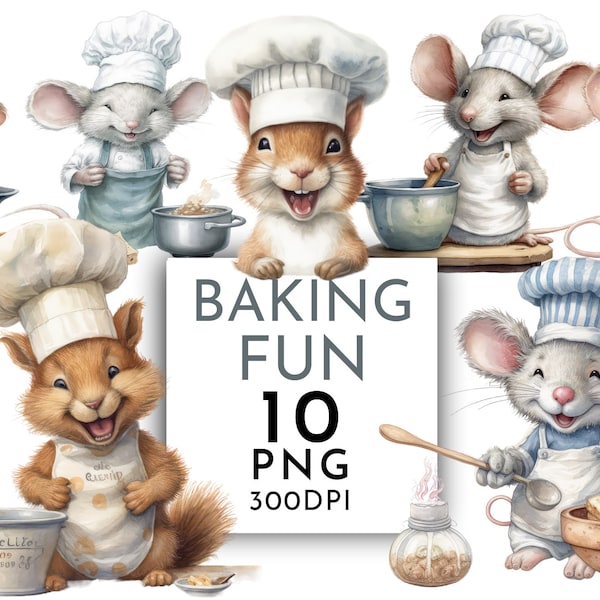 Baking Fun Watercolor Clipart PNG, Squirrel Mouse Hamster Cooking Clipart , Junk Journaling  Commercial Use Instant Download