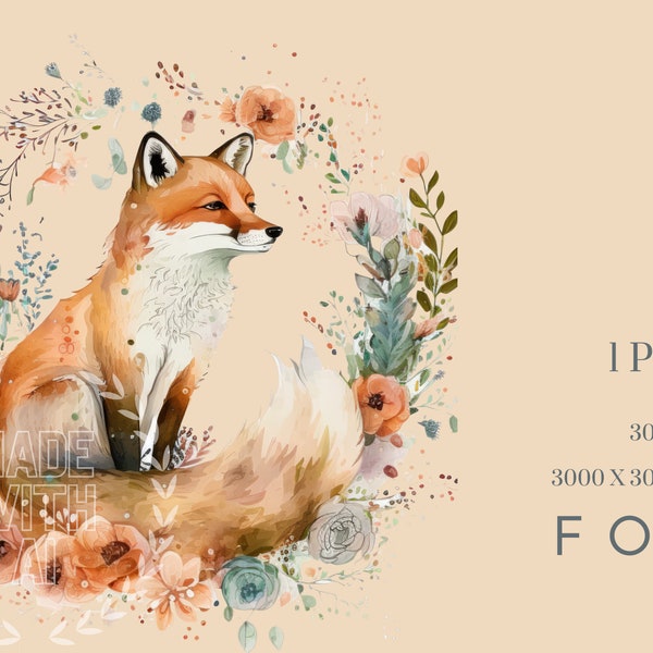 Frühling Fuchs Aquarell Clipart PNG, Waldtiere Clipart, Kindergarten Clipart Kommerzielle Nutzung Clipart, Templett, Corjl & Canva Freundlich