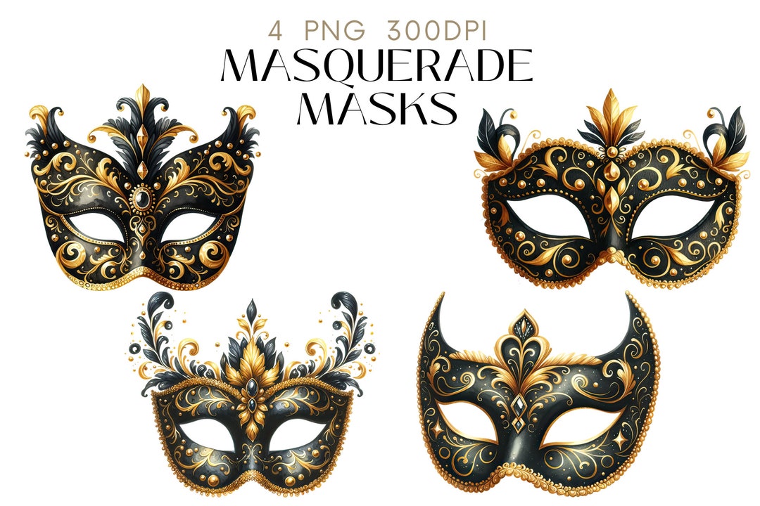 Masquerade Masks Clipart Watercolor PNG Set 4 Mask, Mardi Gras Carnival Commercial Use