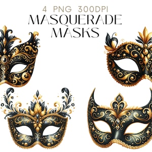 Maskerade Masken Clipart Aquarell PNG Set 4 venezianische Maske, Karneval Karneval kommerzielle Nutzung Papiermodelle digitale Sofort-Download