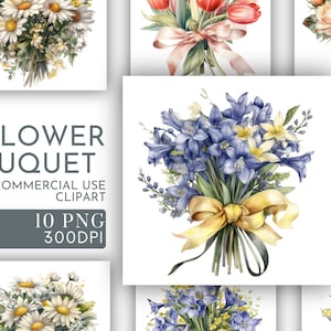 Clipart de buquê de flores PNG, Junk Journaling, Daisy Tulips Bluebells Rosas Aquarela Arte de parede Uso comercial Download instantâneo digital