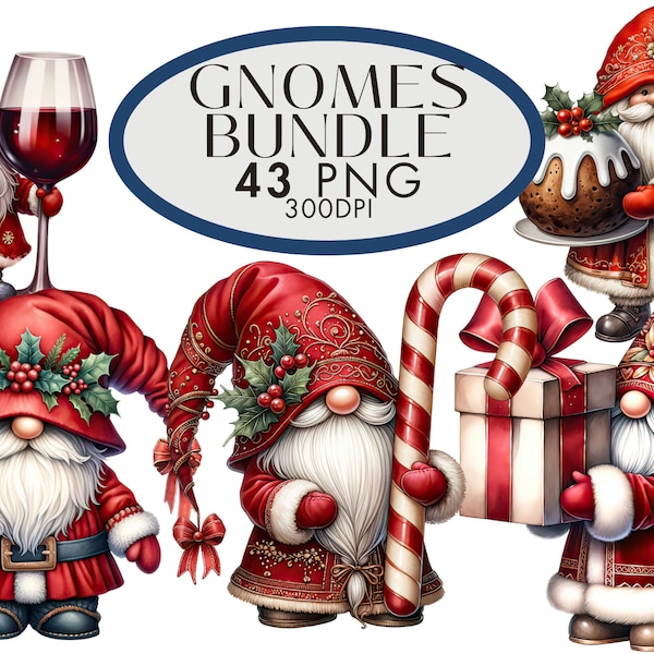 Christmas Santa Gnomes  Watercolor Clipart PNG, 43 PNG Bundle Festive Xmas Gonks , Junk Journaling  Commercial Use Instant Download