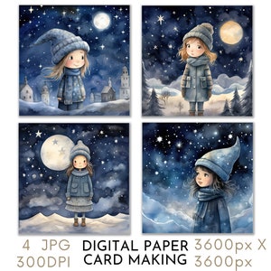 Winter Girl Papier numérique pour travaux manuels en papier, cartes de Noël festives, cartes de voeux, album de scrapbooking de Noël, créations, téléchargement immédiat, papier numérique JPG