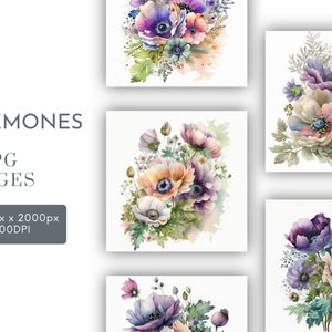 Anemones Bouquet  Watercolor Clipart JPG, Junk Journaling, Floral Watercolor Wall Art Commercial Use Digital Instant Download
