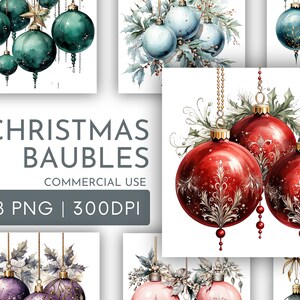 Aquarell Weihnachtskugeln Clipart PNG Bundle, festliche Holly Wein hängende Kugeln Clipart für kommerzielle Nutzung, digitaler Sofort Download