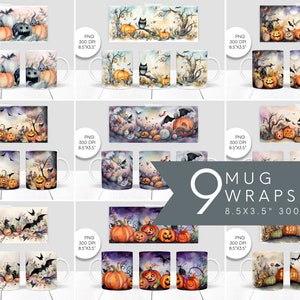 Watercolor Spooky Halloween Mug Template Bundle, 11oz Mug Templates, Instant Download Coffee Mug Full Wrap, Mug PNG