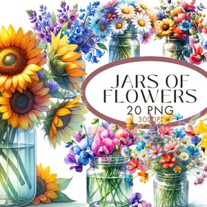 Jars of Flowers Clipart Bundle, 20 PNG Floral Mason Jar Illustrations, Spring Flower Clipart Set, High Res 300 DPI Watercolor Graphics