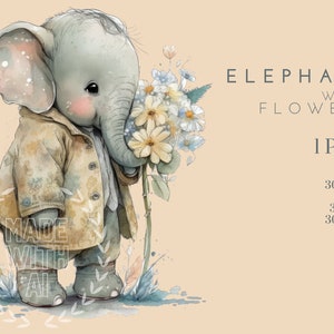 Elefante com flores Clipart, Chá de bebê Clipart, Margarida Clipart, Páscoa Clipart, Convite de primavera Clipart, Floral Clipart- Berçário