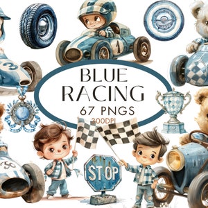 Blau Racing Clipart, Rennwagen Clipart, Sportwagen, blaues Auto, Reifen, Trophäe Aquarell Clipart Bundle-Sofortdownload