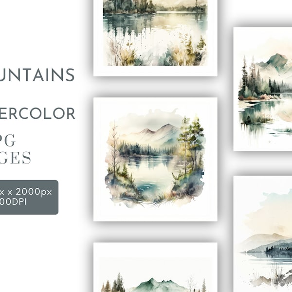 Montagnes et lacs aquarelle Clipart JPG, agenda numérique, journalisation indésirable, aquarelle art mural usage Commercial téléchargement numérique instantané