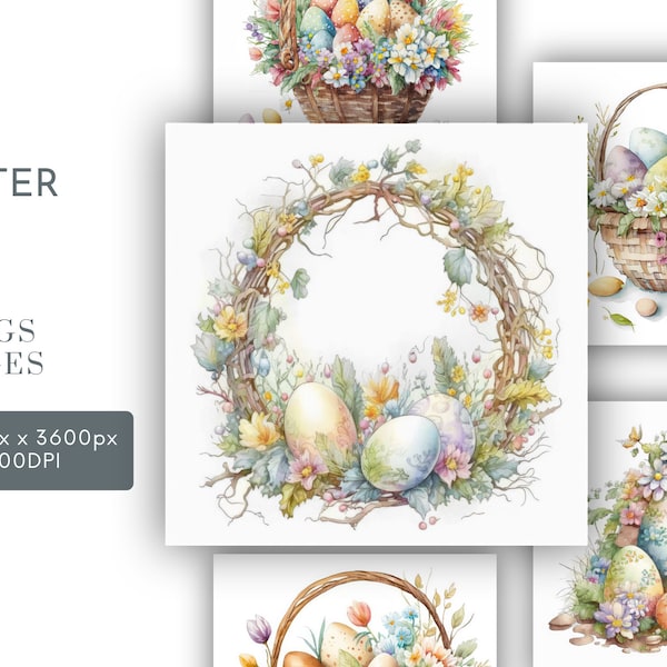 Easter Wreath Watercolor Clipart JPG, Easter Basket Eggs and Flowers , Easter Eggs Clipart Wall Art Commercial Use Digital Instant Download