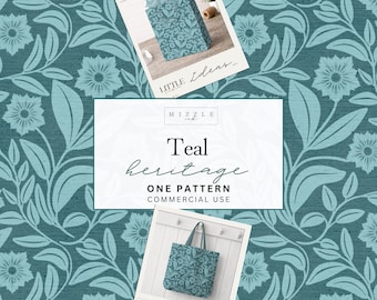 Diseño botánico sin costuras Teal Heritage / Papel digital de estilo vintage / Estampado floral costero para tela, papel pintado y sublimación
