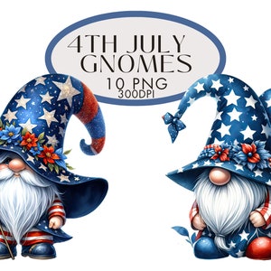 Gnomes patriotiques aquarelle Clipart PNG, 4 juillet fête de l'indépendance Gonks, indésirable journalisation usage Commercial téléchargement immédiat