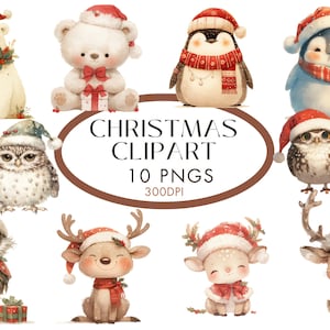 Clipart di animali natalizi ad acquerello PNG, cappello di Babbo Natale, pinguino, renna, orsi polari, spazzatura, diario, album, uso commerciale, download immediato