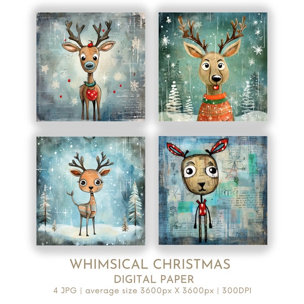 Whimsical Rudolph Christmas Digital Paper Set 4 JPG Christmas Card Making Festive Santa Junk Journal Scrapbook Digital Instant Download