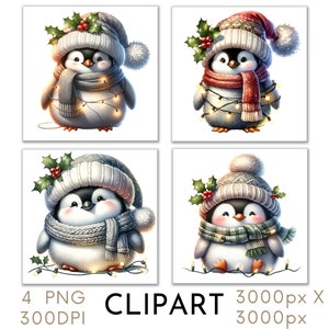 Cute Christmas Penguin Clipart PNG | Pinguins festivos de férias em chapéus e cachecóis | Arte de sublimação de animais de inverno para cartões e artesanato