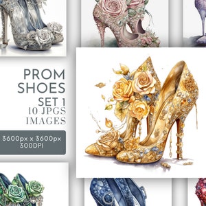 Chaussures de bal avec des fleurs Glamour aquarelle Clipart JPG, journalisation indésirable, aquarelle fabrication de cartes à usage commercial Téléchargement instantané numérique