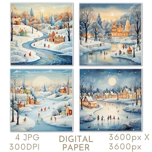 Christmas Ice Skating Watercolor Digital Paper Set (Digital Download)