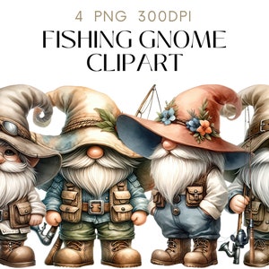 Fishing Gnome Clipart: Watercolor Illustration PNG Set (Digital Download)