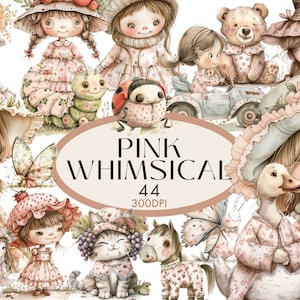 Lunatique filles aquarelle Clipart PNG Bundle rose vintage lunatique filles canard poney Junk Journal usage commercial, téléchargement numérique immédiat