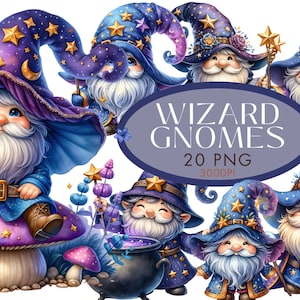 Bundle de cliparts gnomes magiciens, baguette magique magique aquarelle des cliparts gnomes pour un usage commercial, téléchargement immédiat numérique gnome étoiles fantaisie
