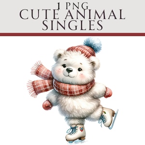 Clipart de urso polar de patinação no gelo, PNG festivo de Natal, ilustração de inverno ideal para cartões de felicitações, artesanato, berçário e criação de convites