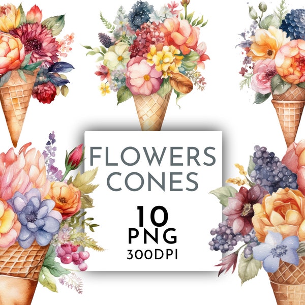 Flower Ice Cream Cone Clipart PNG Junk Journaling Flower Scooped Up Bridal Shower Clipart Watercolor Commercial Use Digital Instant Download