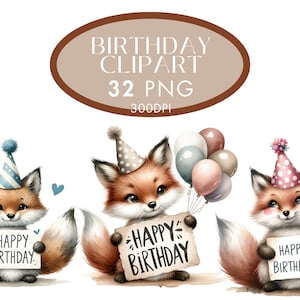 Pacote de clipart de aquarela de aniversário PNG, clipart rosa, azul e neutro para uso comercial, download instantâneo digital