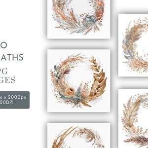 Boho Wreaths Acquerello Clipart JPG, Junk Journaling, Pampas Grass Fiori Secchi Acquerello Arte Murale Uso Commerciale Digitale Download Istantaneo