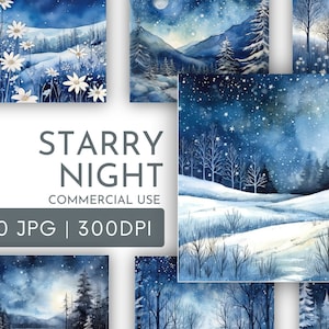 Fondos de papel con escenas de noche estrellada, papeles cuadrados navideños, páginas de diario, tarjetas de álbum de recortes de invierno escarchadas, uso comercial JPG