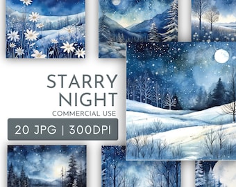 Starry Night Winter Scenes: JPG Papers for Scrapbook Cards (Digital Download)