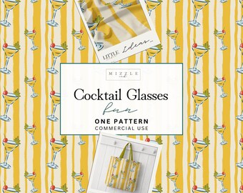 Diseño sin costuras de copas de cóctel / Papel digital retro para margaritas / Divertido estampado para carrito de bar para tela, papel tapiz y sublimación.